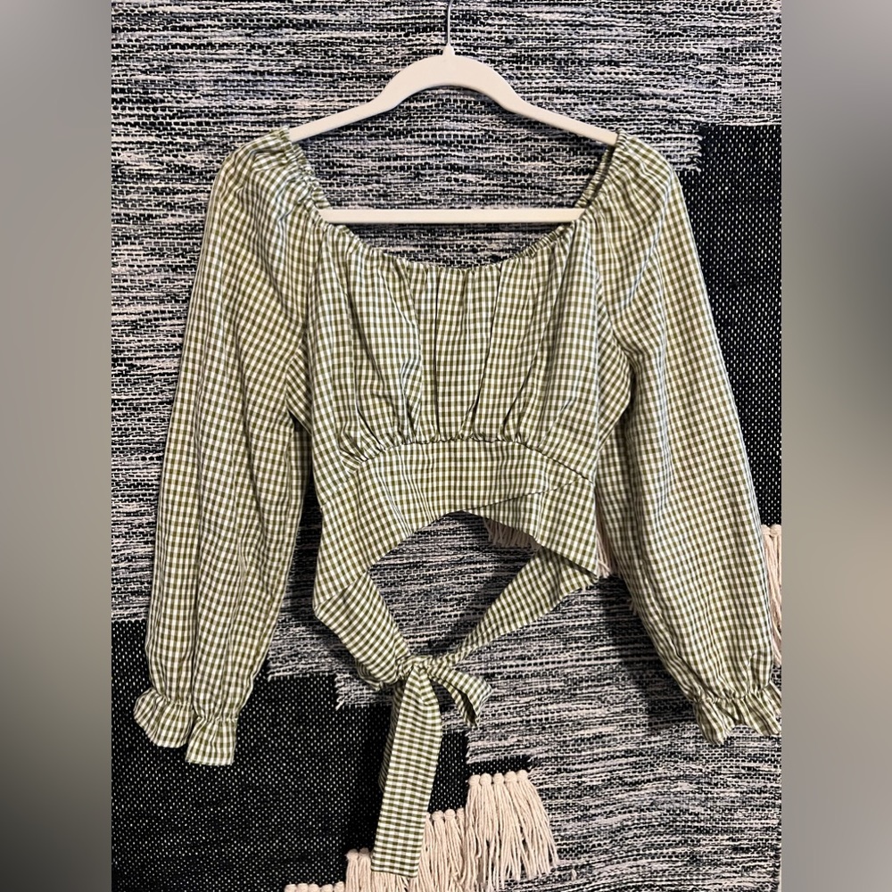 Green Gingham Self Tie Bow Crop Top